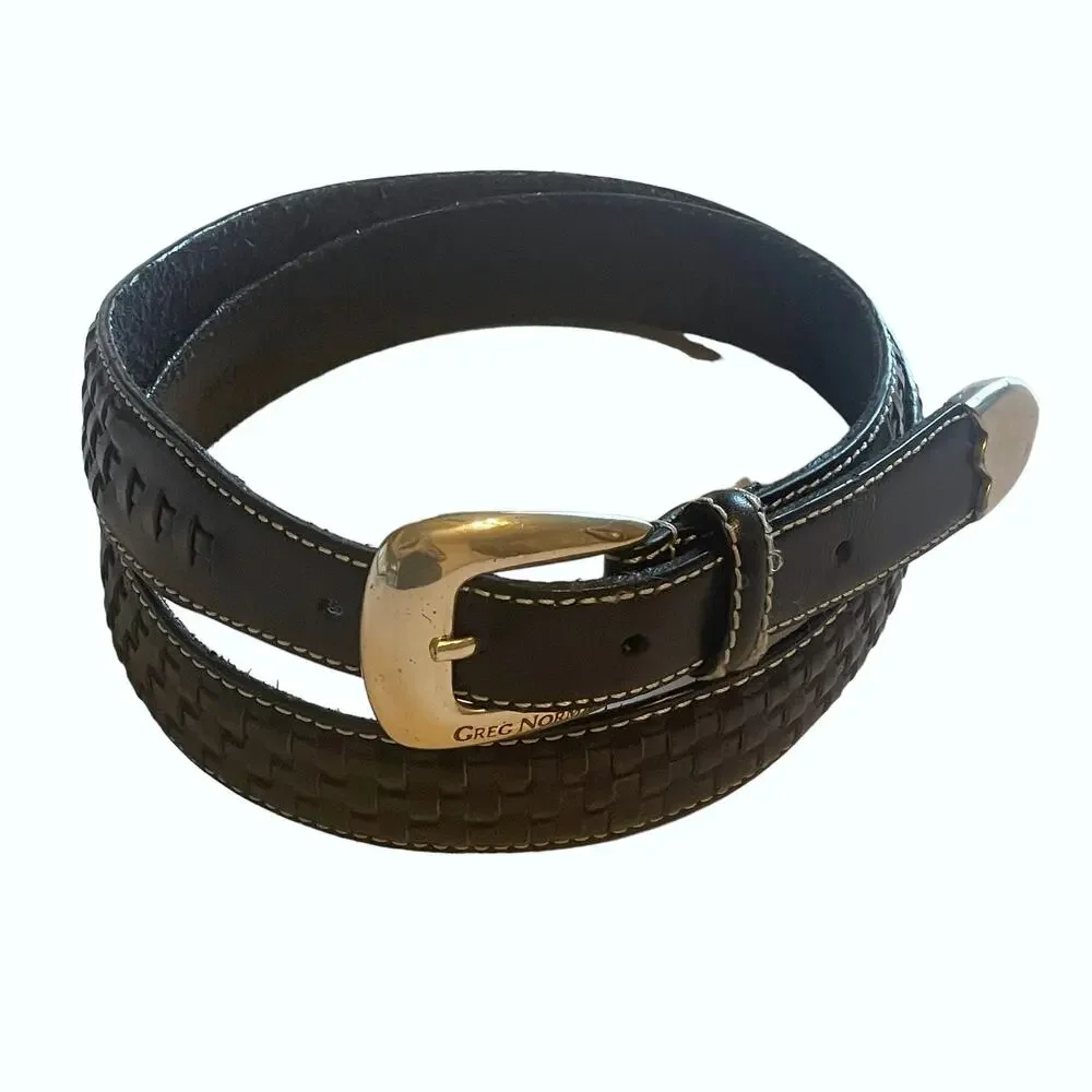 Greg Norman Black Leather Braided Woven Belt Mens Large Silver Hardware